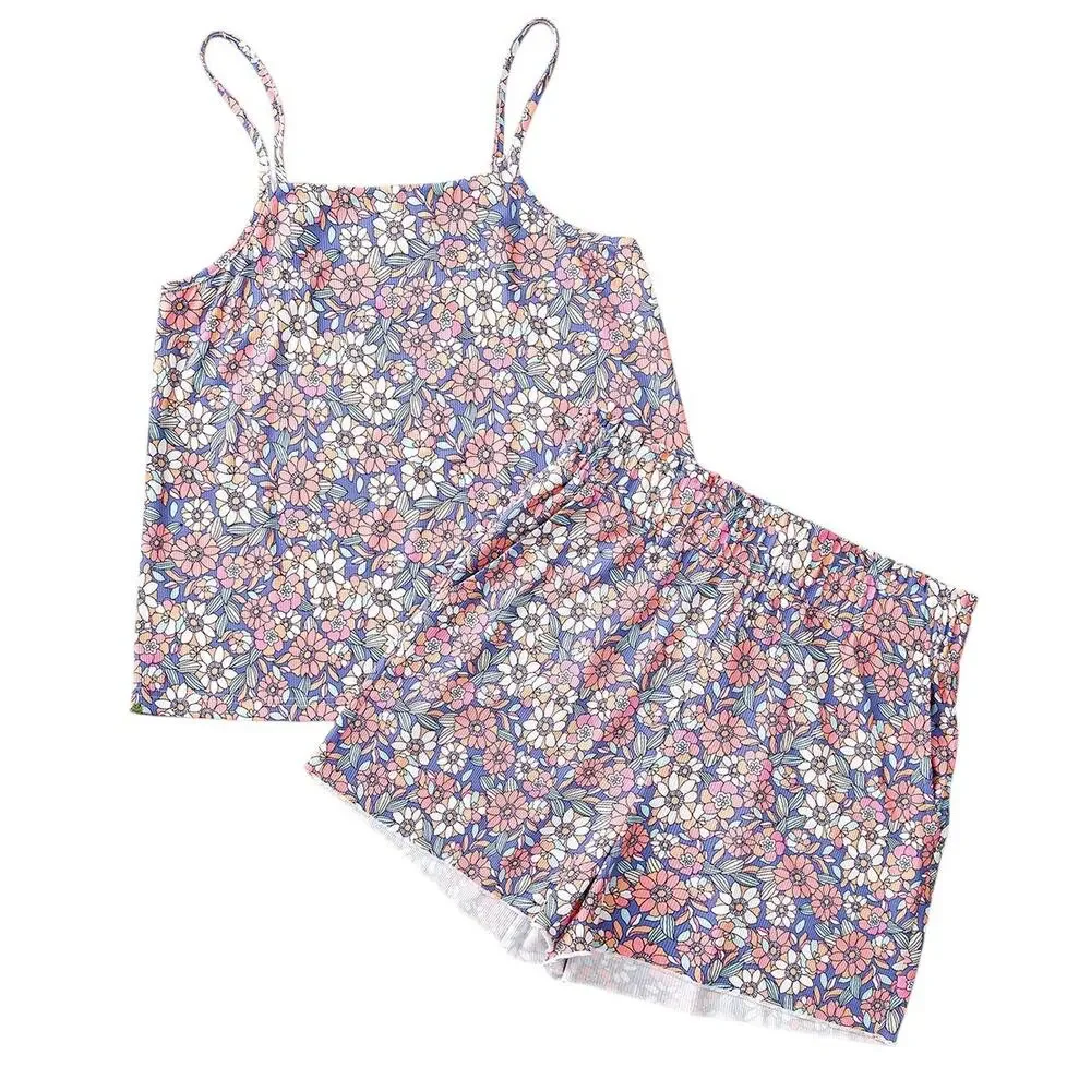 Sky Blue Floral Print Spaghetti Straps Tank Top and Shorts Set New S, L, XL